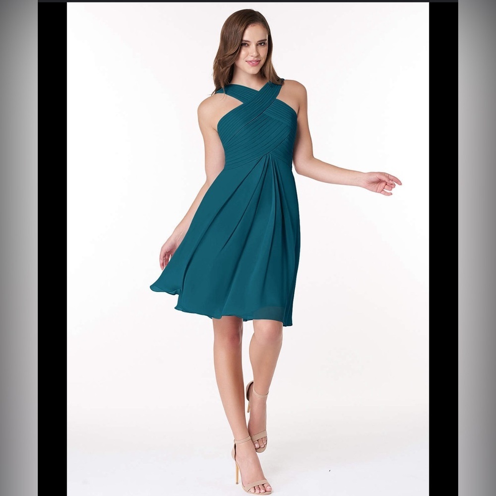 Azazie Amani Ink Blue Bridesmaid Knee Length Formal Chiffon Dress Size 8